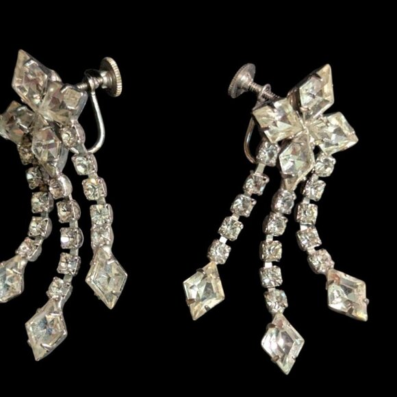 Vintage Rhinestone Clip-On Dangle Earrings Silver-Tone Sparkle Party Jewelry Ret - Picture 1 of 7